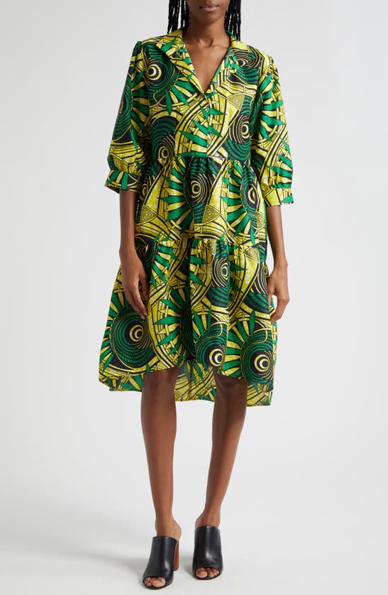 Shop The Oula Company Tiered High-low Cotton Shirtdress In Green Golden