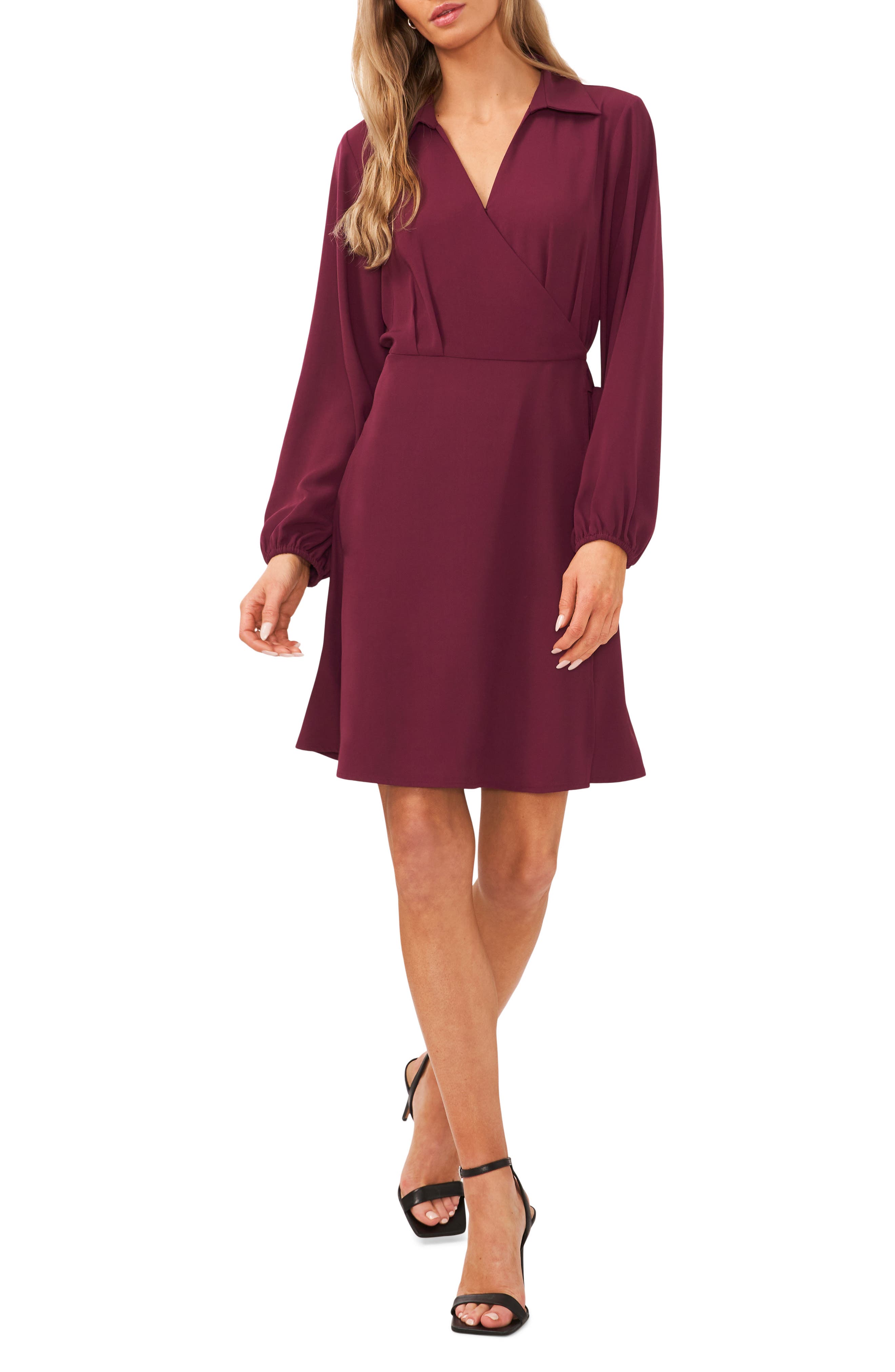 halogenr halogen r Pleated Long Sleeve Faux Wrap Shirtdress in Grape Wine Smart Closet