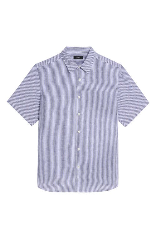 Shop Theory Irving Pinstripe Short Sleeve Linen Button-up Shirt In White/ocean - 1rn