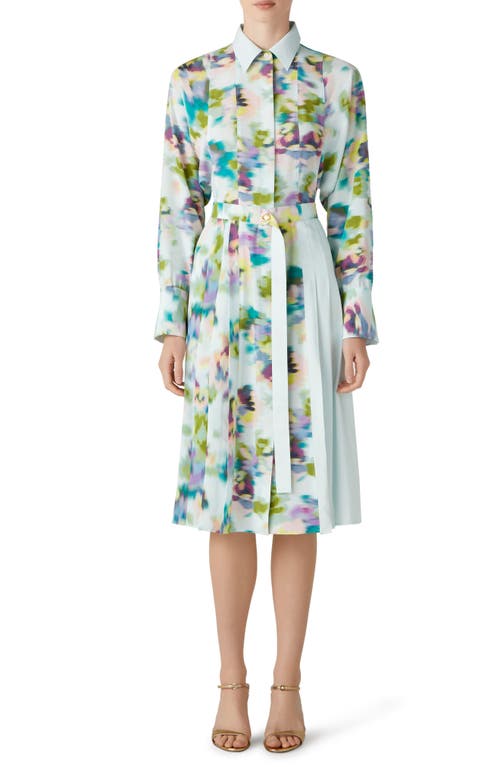 St. John Collection Astract Floral Print Belted Shirtdress in Green Multi