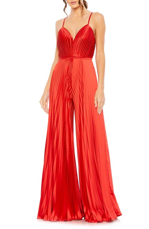 Pleated Satin Wide Leg Jumpsuit in Red