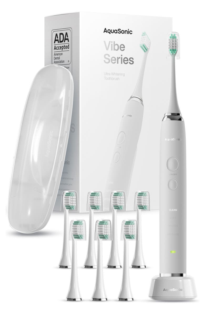 AQUASONIC VIBE Series White UltraSonic Whitening Toothbrush with 8