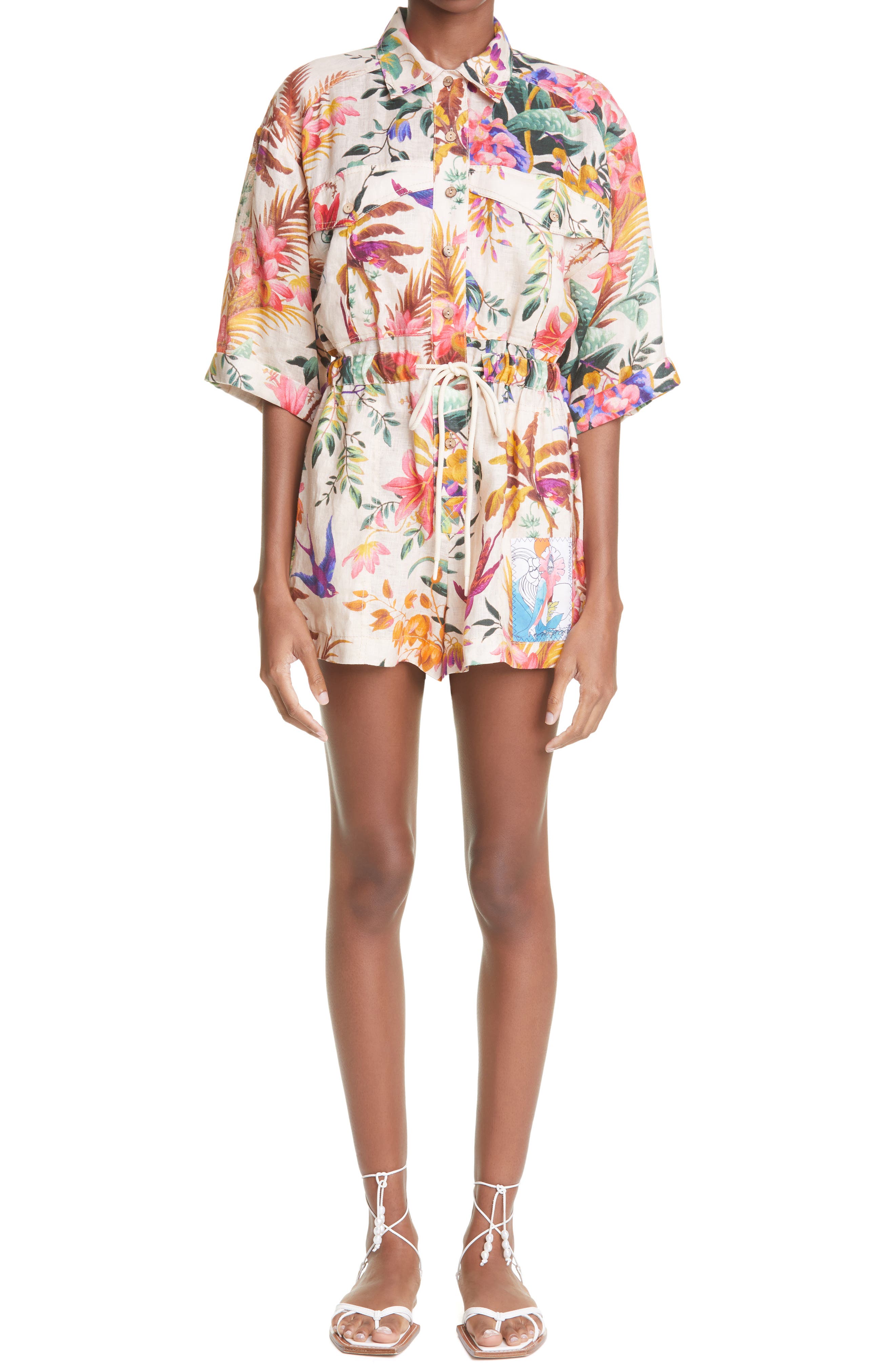 Zimmermann Tropicana Floral Print Linen Utility Romper in Cream Floral at Nordstrom, Size 2