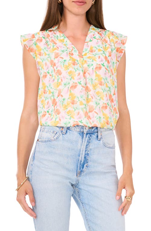 Vince Camuto Floral Print Flutter Sleeve Top New Ivory/Green/Yellow Multi at Nordstrom,