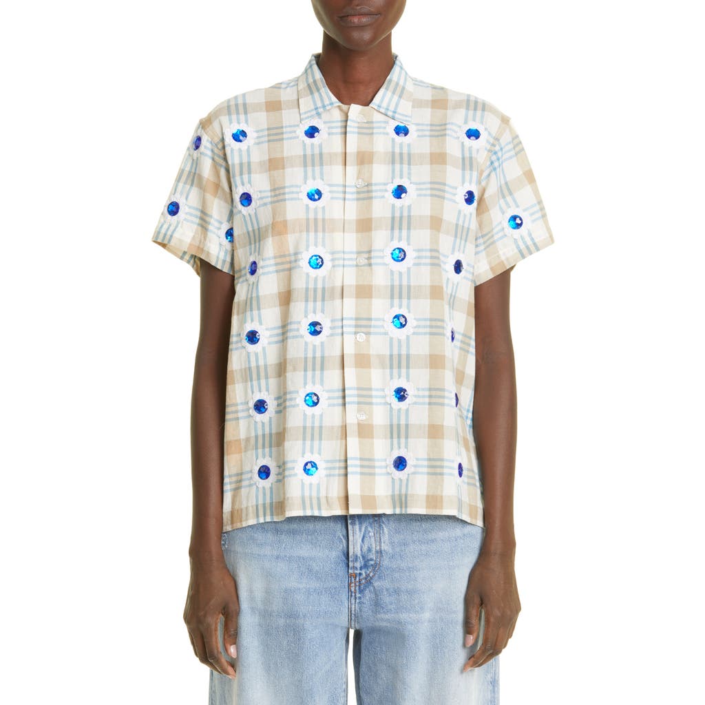 Bode Daisy Floral Appliqué Embellished Plaid Shirt In White