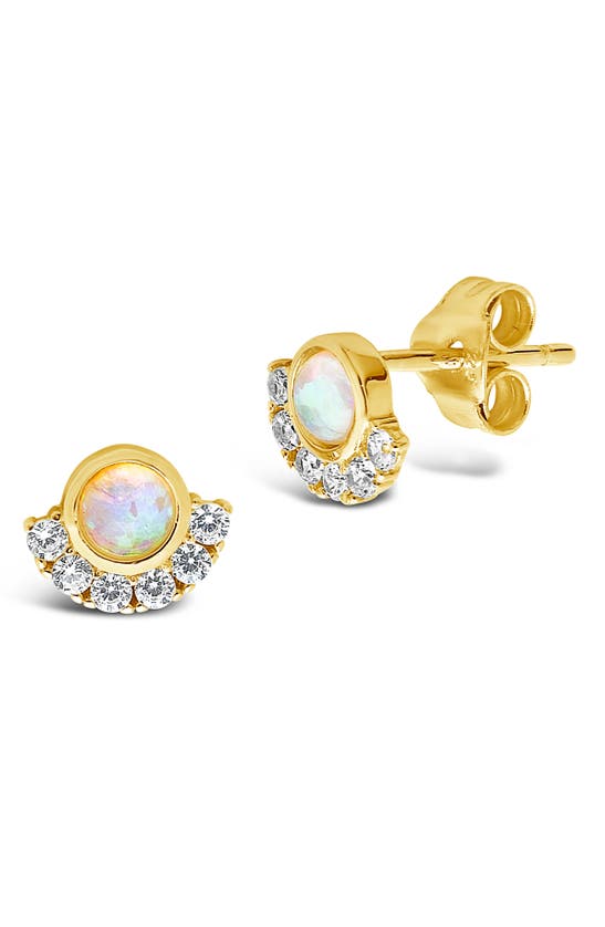 Sterling Forever 14k Over Silver Cz Half Halo Opal Studs In Gold