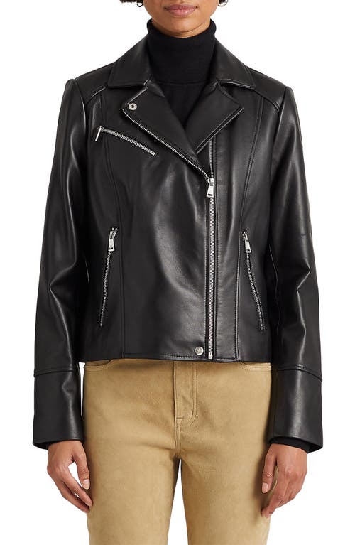 Lauren Ralph Asymmetric Leather Moto Jacket Black at Nordstrom,
