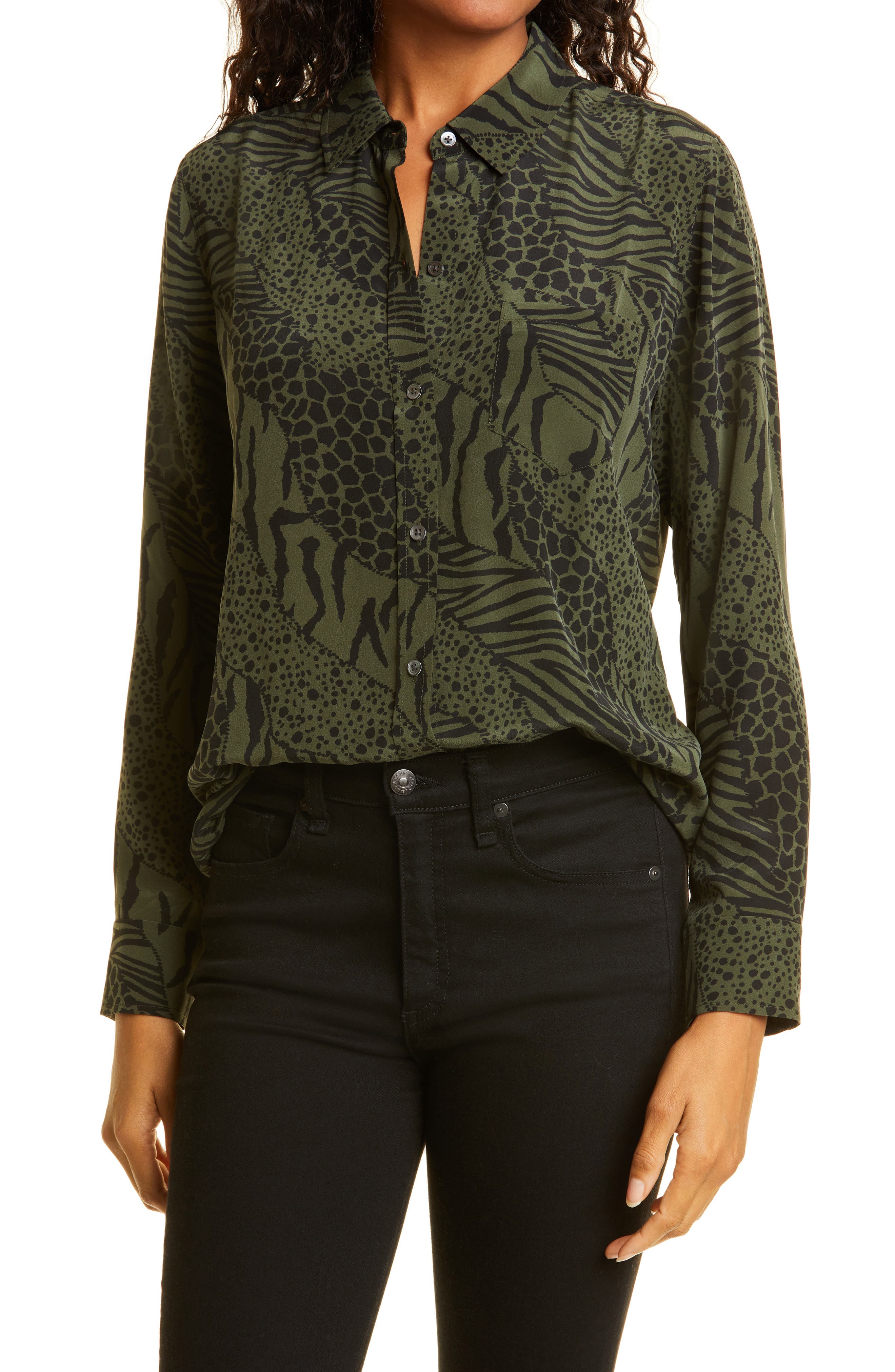 Rails Kate Animal Print Button-Up Shirt in Olive Mixed Animal Stripe at Nordstrom