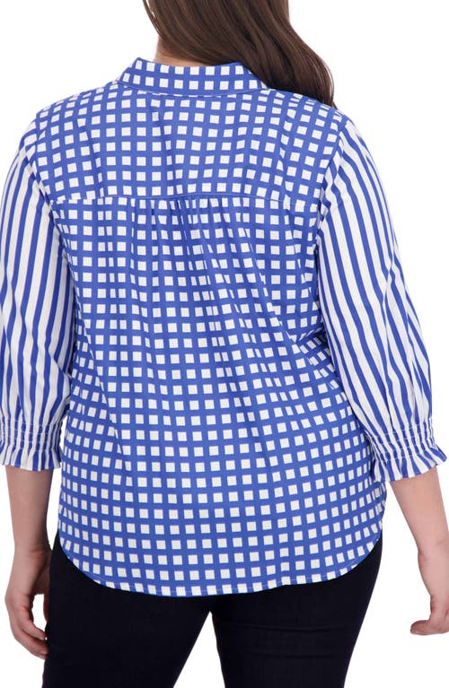 Shop Foxcroft Olivia Gingham Stripe Ruffle Sleeve Button-up Shirt In Blue/white