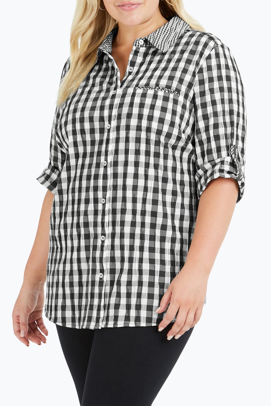 FOXCROFT | Reece 3/4 Sleeve Gingham Plaid Crinkle Shirt | Nordstrom Rack