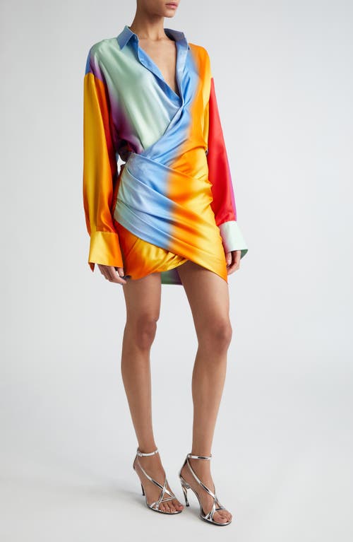 MONSE Rainbow Blur Long Sleeve Silk Wrap Shirtdress Multi at Nordstrom,