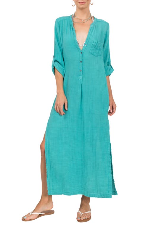 Button Front Cotton Gauze Caftan in Turquoise