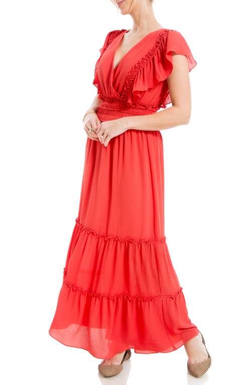 Shop Max Studio Pebble Crepe Flutter Sleeve Maxi Dress In Washed Red