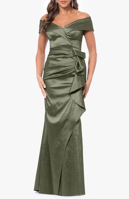 Xscape Evenings Off The Shoulder Taffeta Gown In Olive