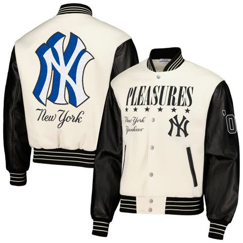 Men's PLEASURES White New York Yankees Full-Snap Varsity Jacket