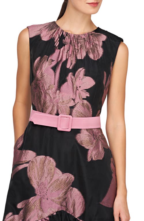 Shop Kay Unger Beatrix Belted Floral High-low Cocktail Dress In Black/primrose