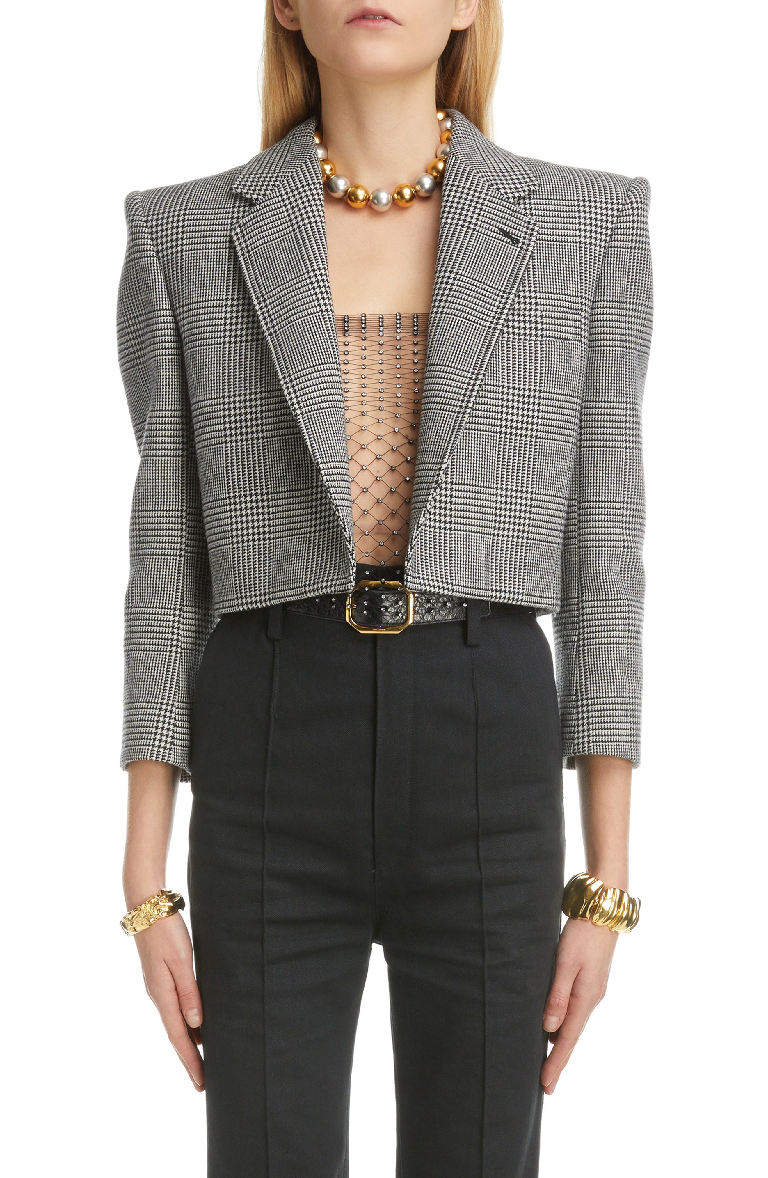 Womens Clothing Jackets Blazers sport coats and suit jackets Saint Laurent Checked Wool-blend Blazer in Grey 