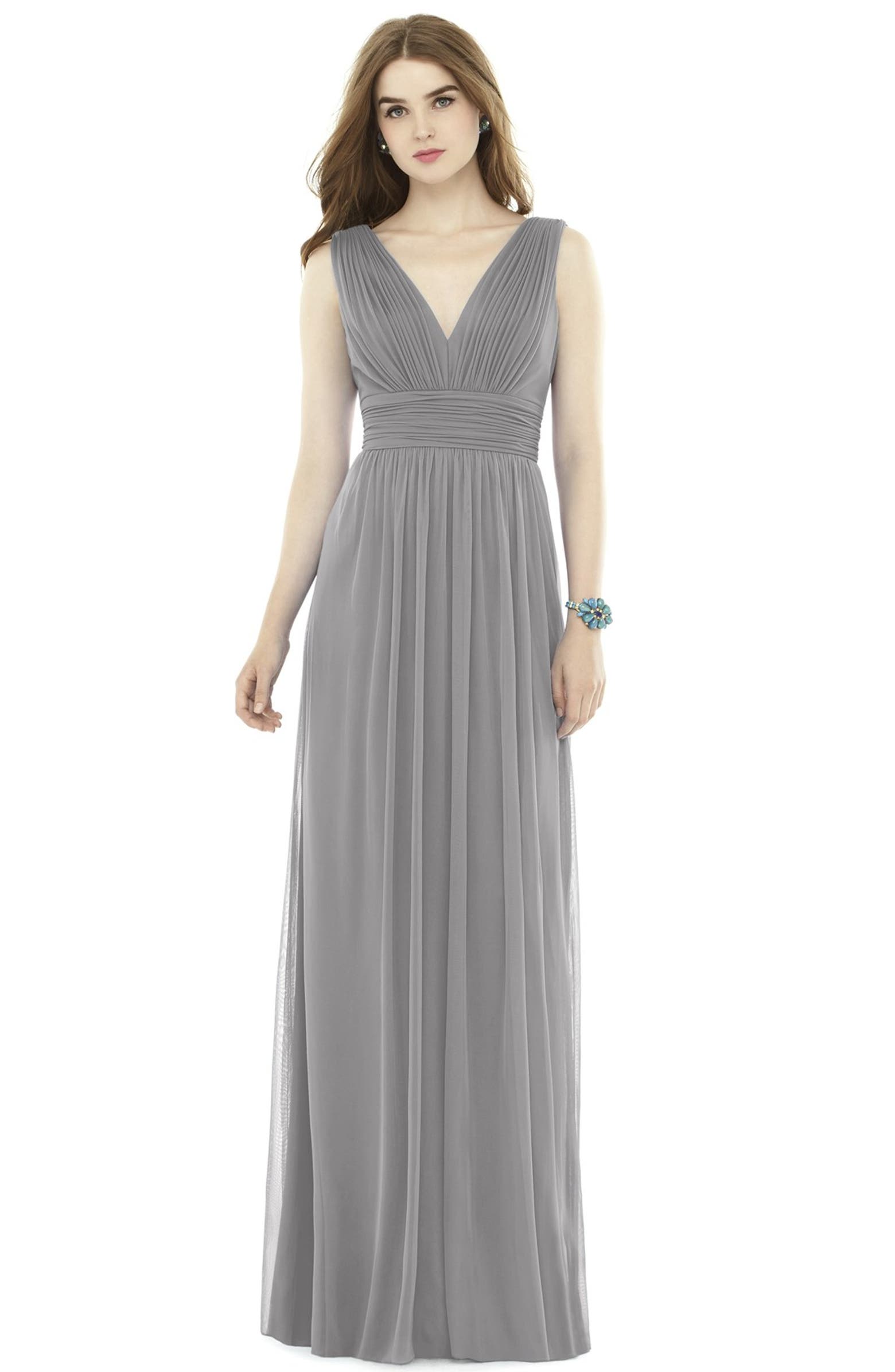 Alfred Sung V-Neck Pleat Chiffon Knit A-Line Gown | Nordstrom