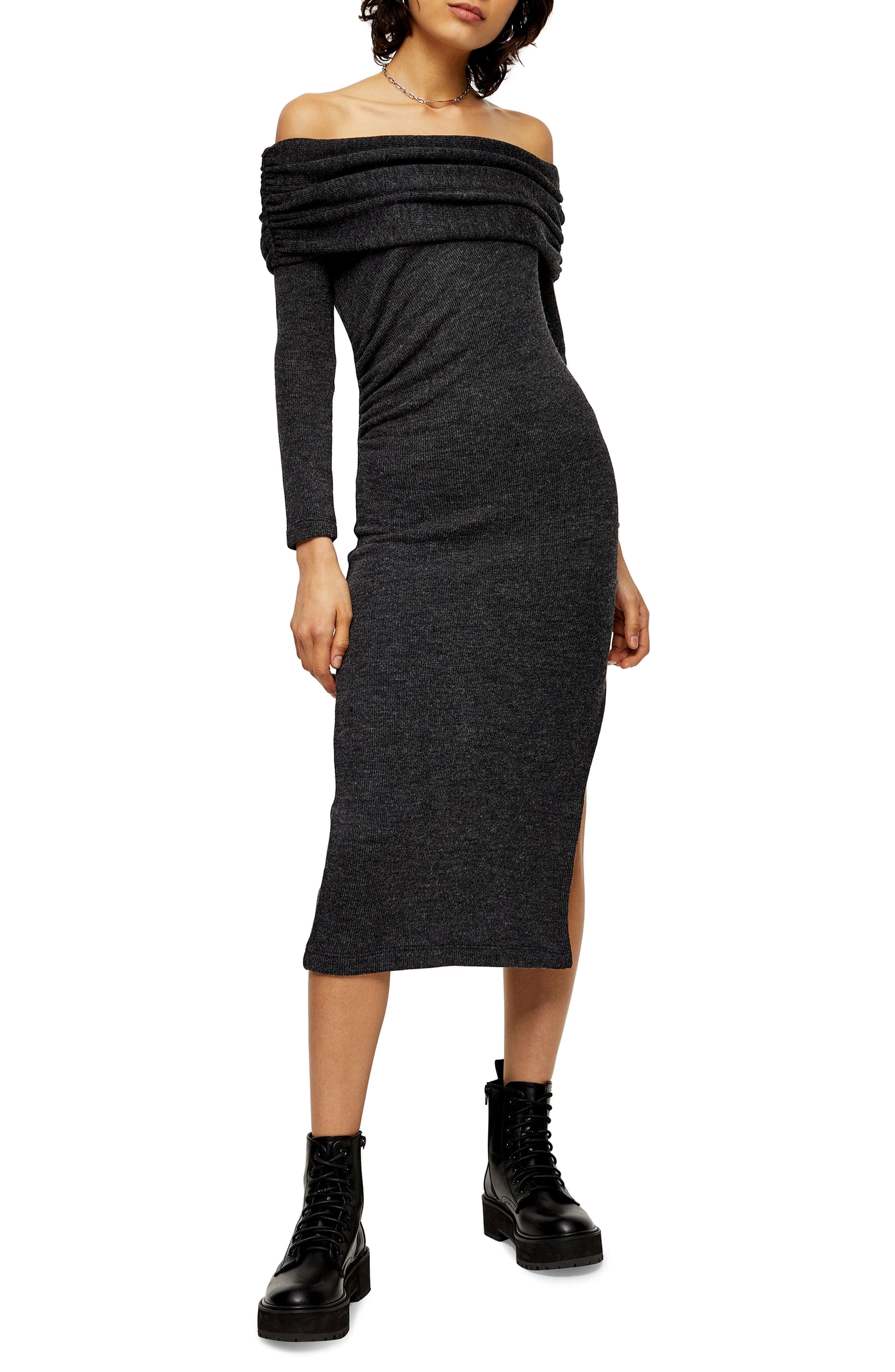 off shoulder midi sweater dress