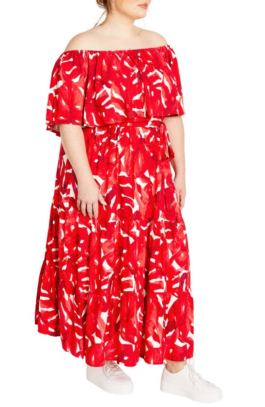 Shop City Chic Boardwalk Off The Shoulder Midi Dress In Crimson Palm