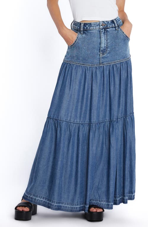 Contrast Tiered Denim Maxi Skirt in High Denim