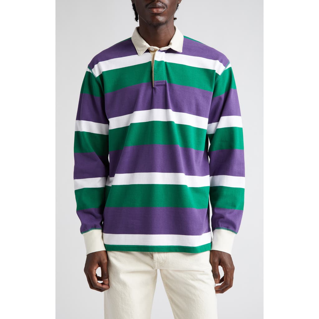 Drake's Stripe Long Sleeve Rugby Polo In Multi