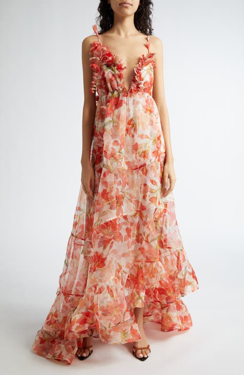 Tranquility Floral Silk Organza Gown in Red Lily