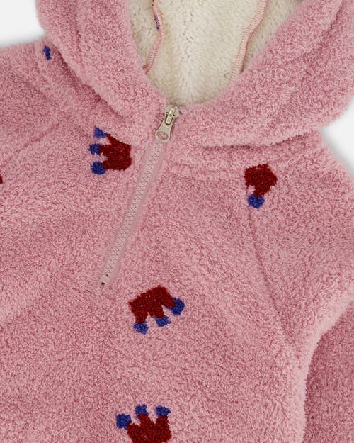 Deux Par Deux Girl's Plush Hoodie Mauve With Crown Pattern In Mauve Shadows