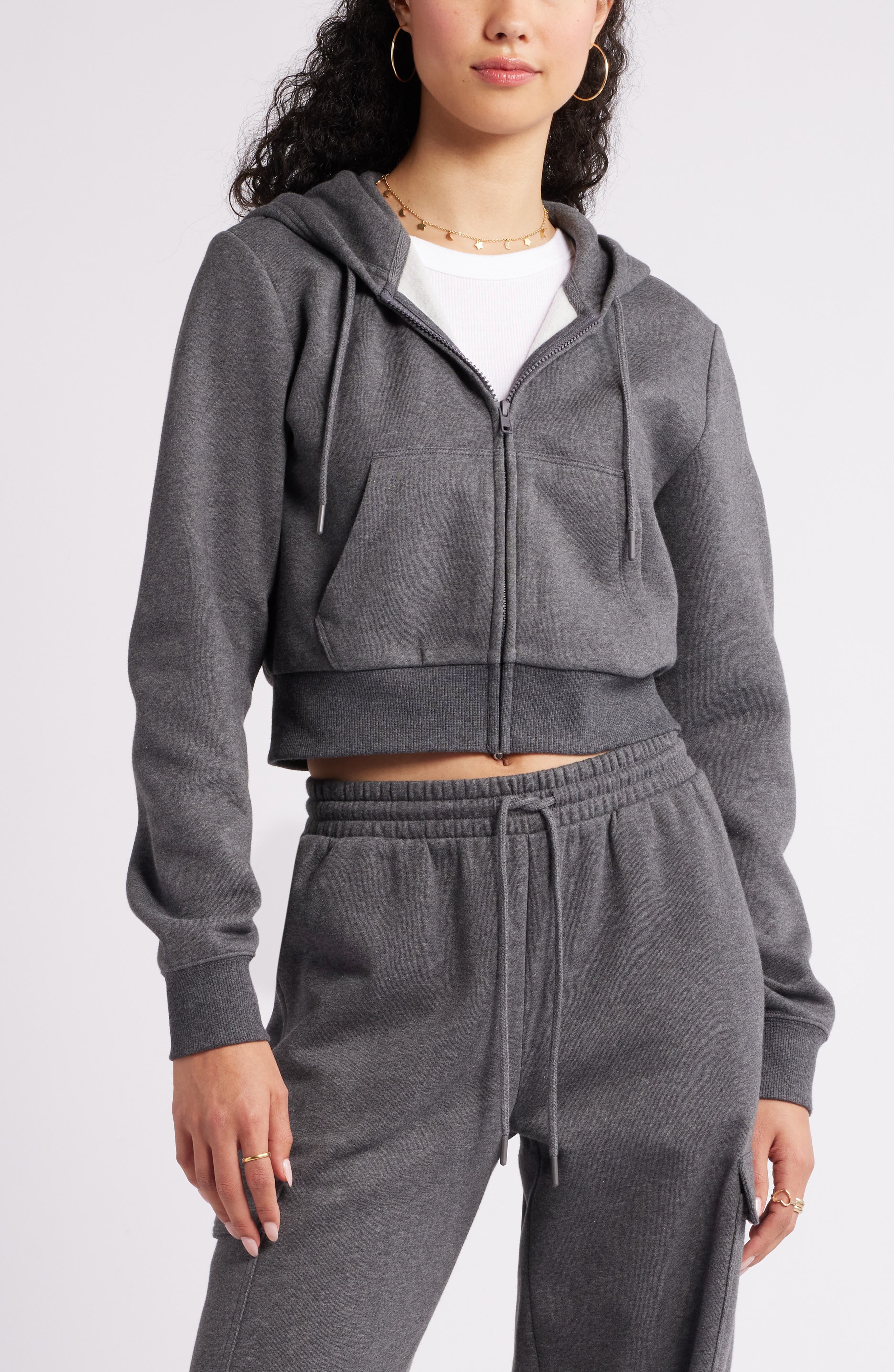 BP. Crop Zip Fleece Hoodie in Grey Medium Charcoal Heather Cover