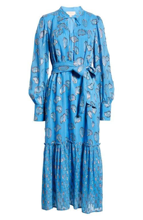 Shop Ciebon Eriana Metallic Long Sleeve Belted Maxi Dress In Blue