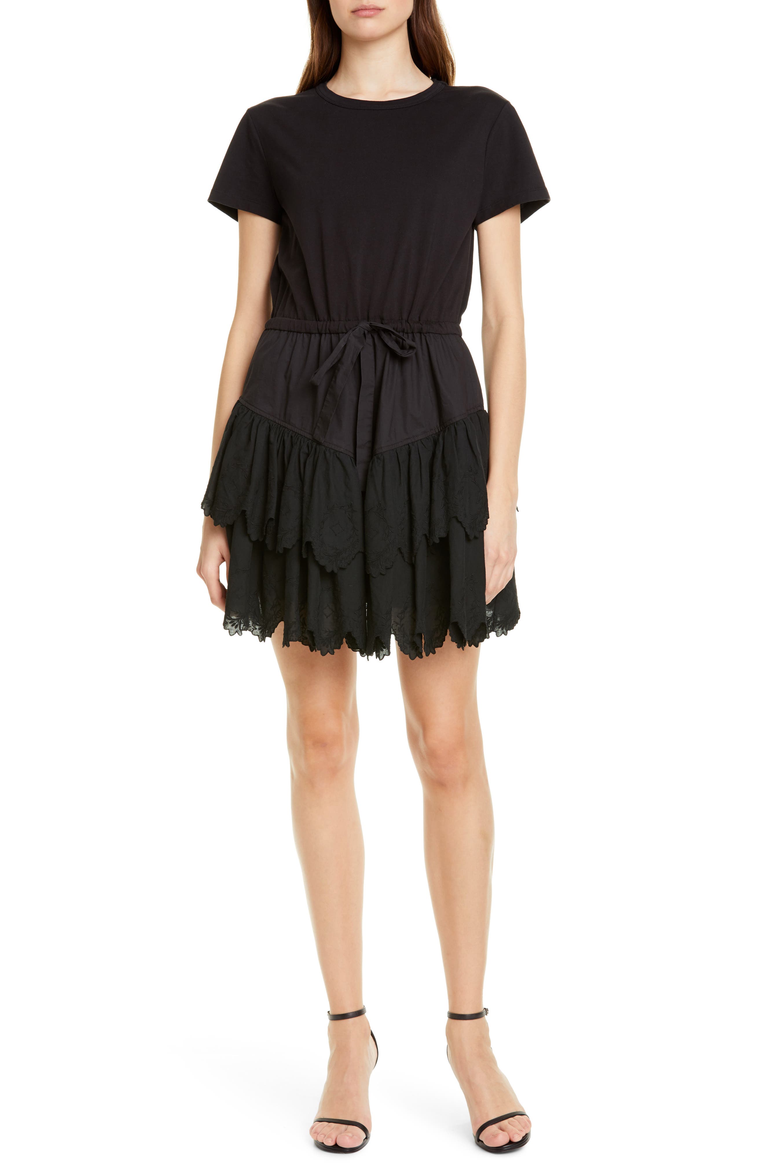 La Vie Rebecca Taylor Lace Detail Tiered Cotton Minidress, Black