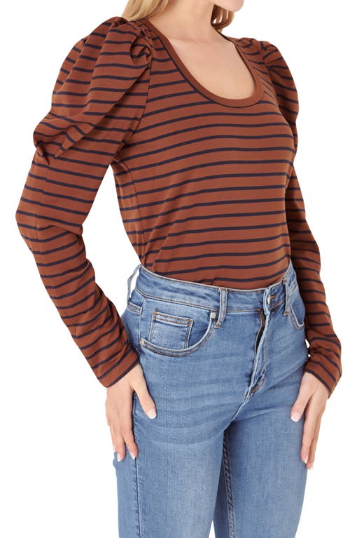 Shop English Factory Stripe Puff Sleeve Knit Top In Brown/navy