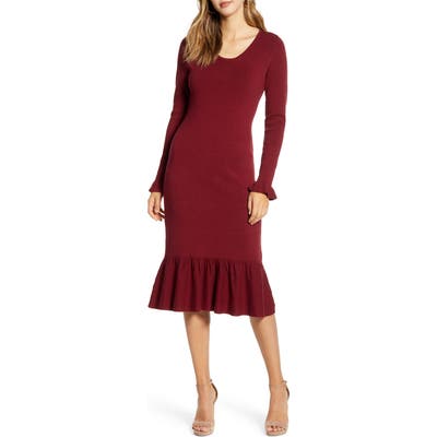 Rachel Parcell Ruffle Trim Sweater Dress, Burgundy
