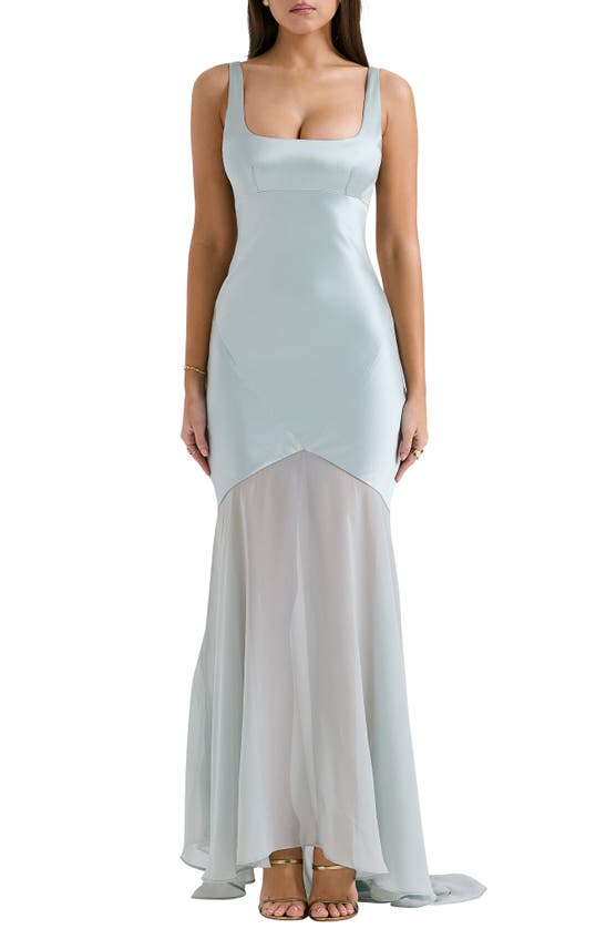 Shop House Of Cb Vittoria Paneled Satin & Chiffon Gown In Aqua