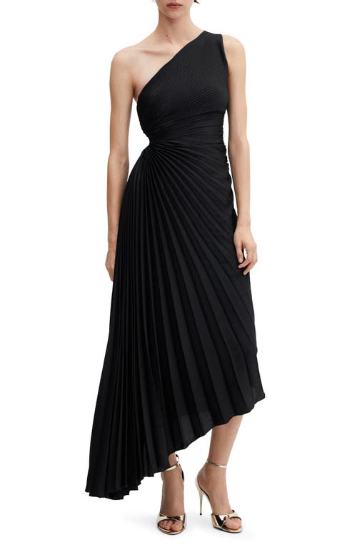 MANGO One-Shoulder Side Cutout Pleated Midi Dress Black at Nordstrom,