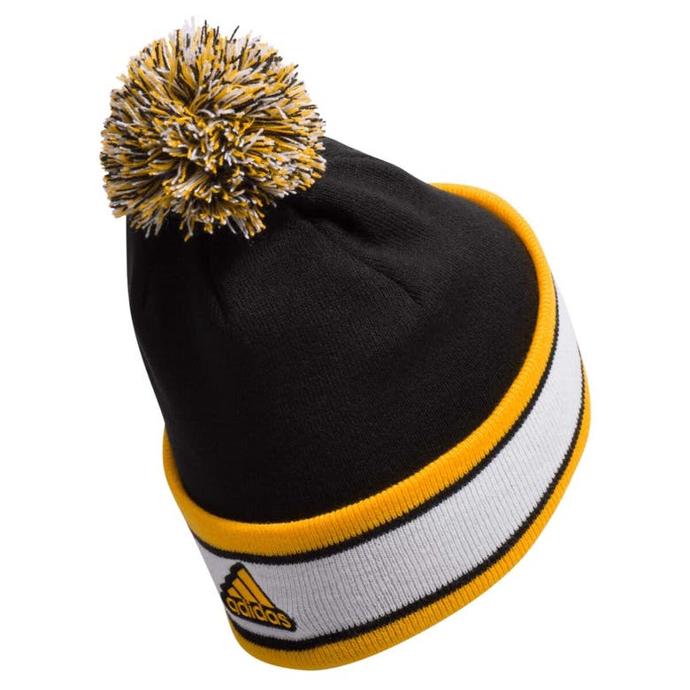 Shop Adidas Originals Adidas Black Boston Bruins Team Stripe Cuffed Knit Hat With Pom