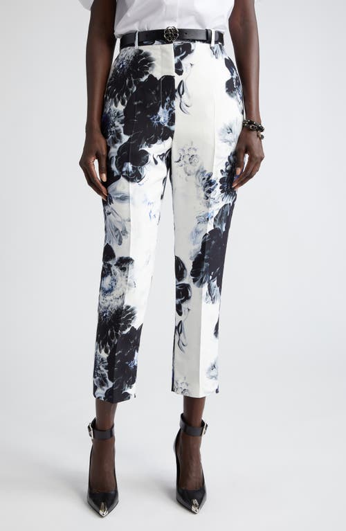 Alexander McQueen Chiaroscuro Floral High Waist Cady Cigarette Trousers in Ink at Nordstrom, Size 0 Us