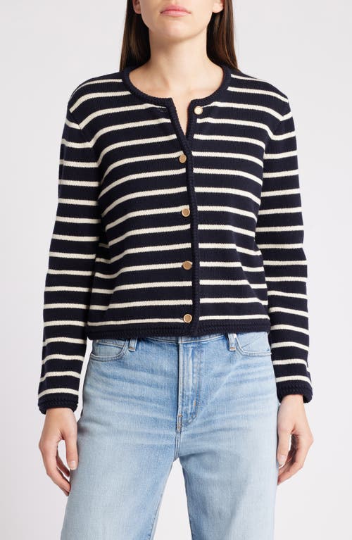 Shop Frame Stripe Merino Wool & Cotton Cardigan In Navy Multi