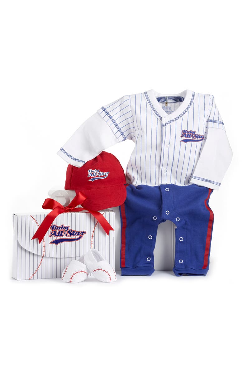 BABY ASPEN Big Dreamzzz Baseball 3-Piece Cotton Romper, Socks & Hat Gift Set, Main, color, BLUE
