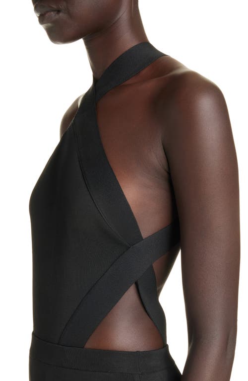 Crossover Halter Neck Cutout Bodysuit in Noir