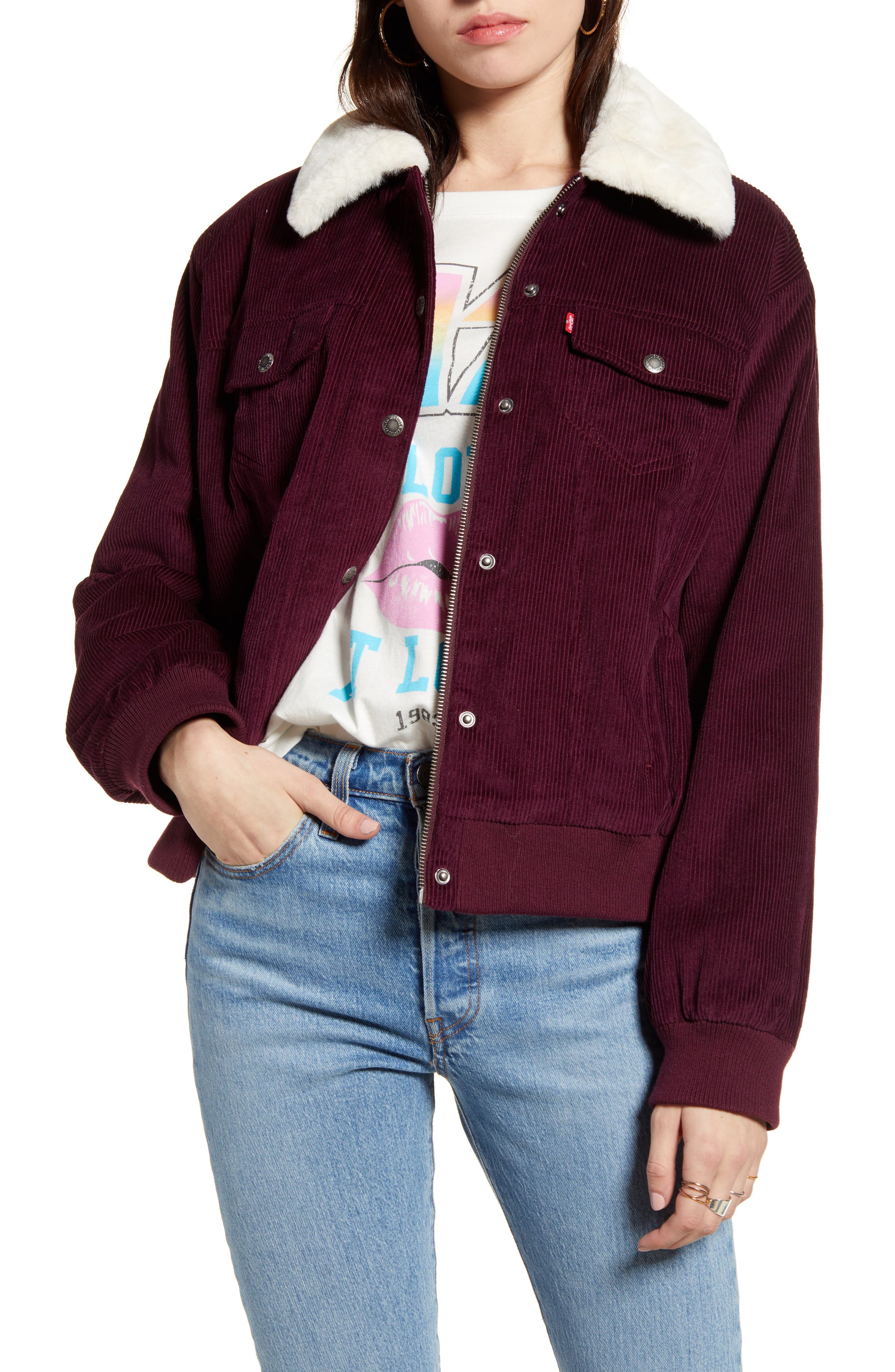 levi's faux fur collar corduroy bomber jacket