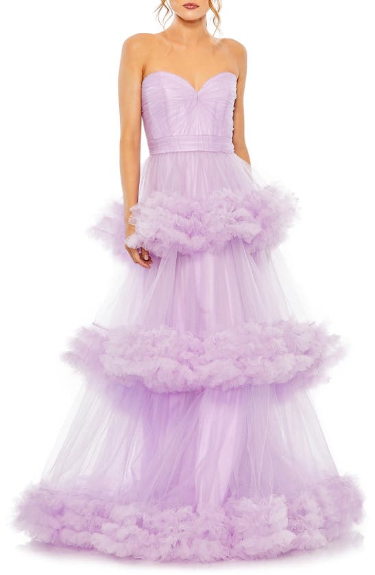 MAC DUGGAL STRAPLESS TIERED TULLE GOWN