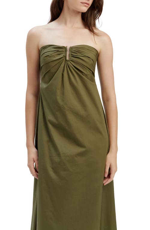 Shop Bardot Lora Strapless Cotton Poplin Maxi Dress In Khaki