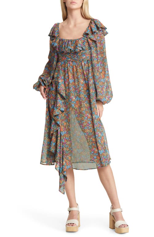 For Love & Lemons Brittany Floral Print Long Sleeve Midi Dress in Blue at Nordstrom, Size Small