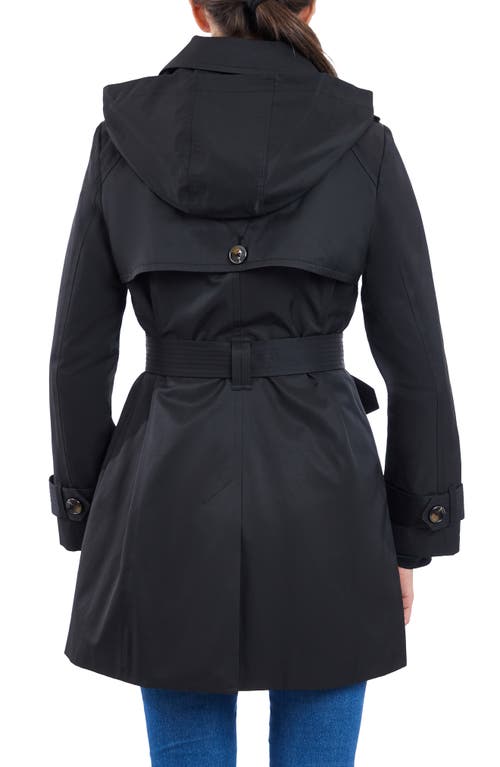 London Fog Hooded Double Breasted Cotton Blend Trench Coat In Black