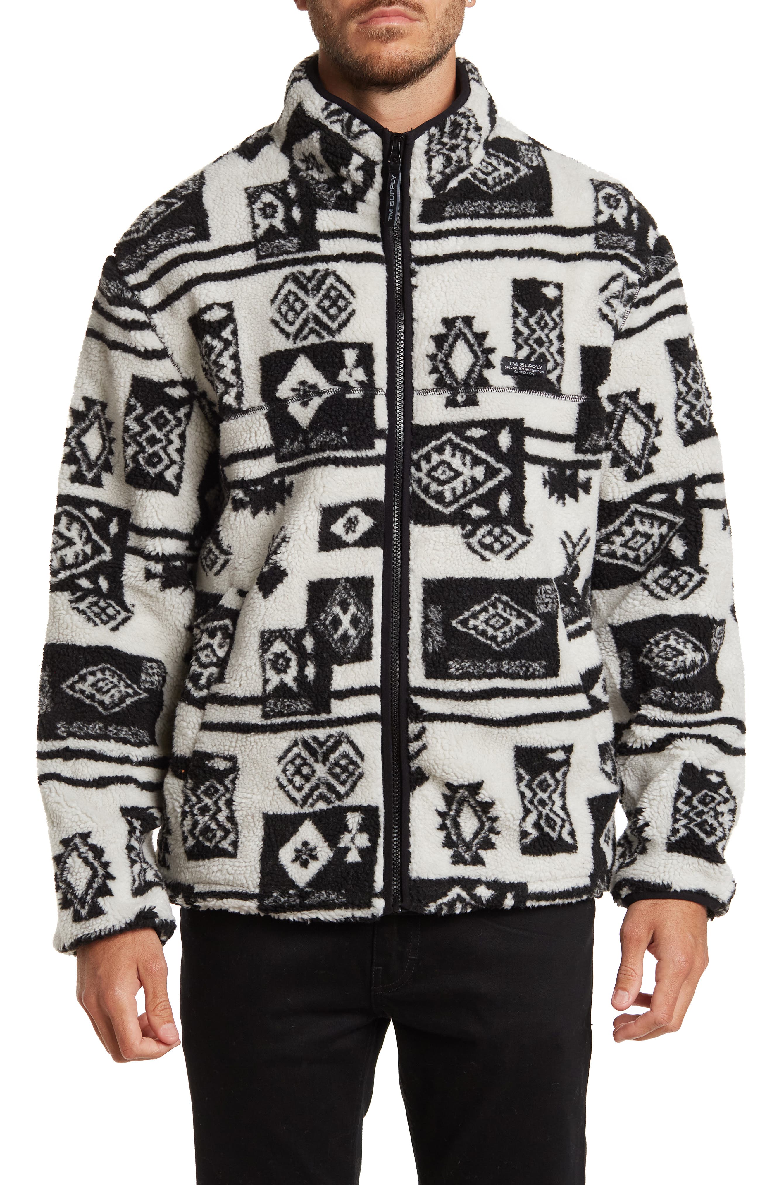 Topman Fleece Borg Jacket in Jacquard Pattern-grey