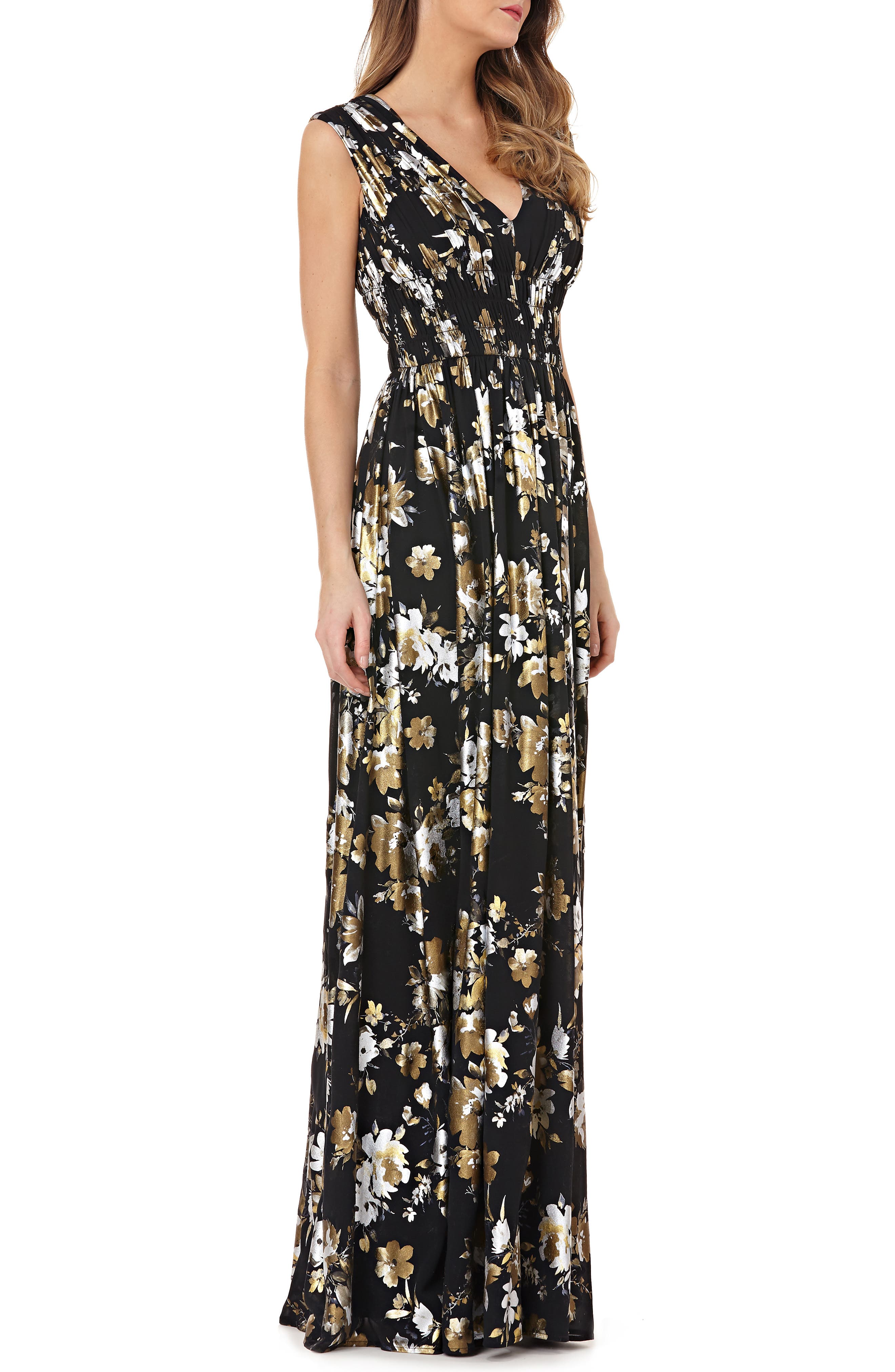Kay Unger Smocked Foil Chiffon Gown