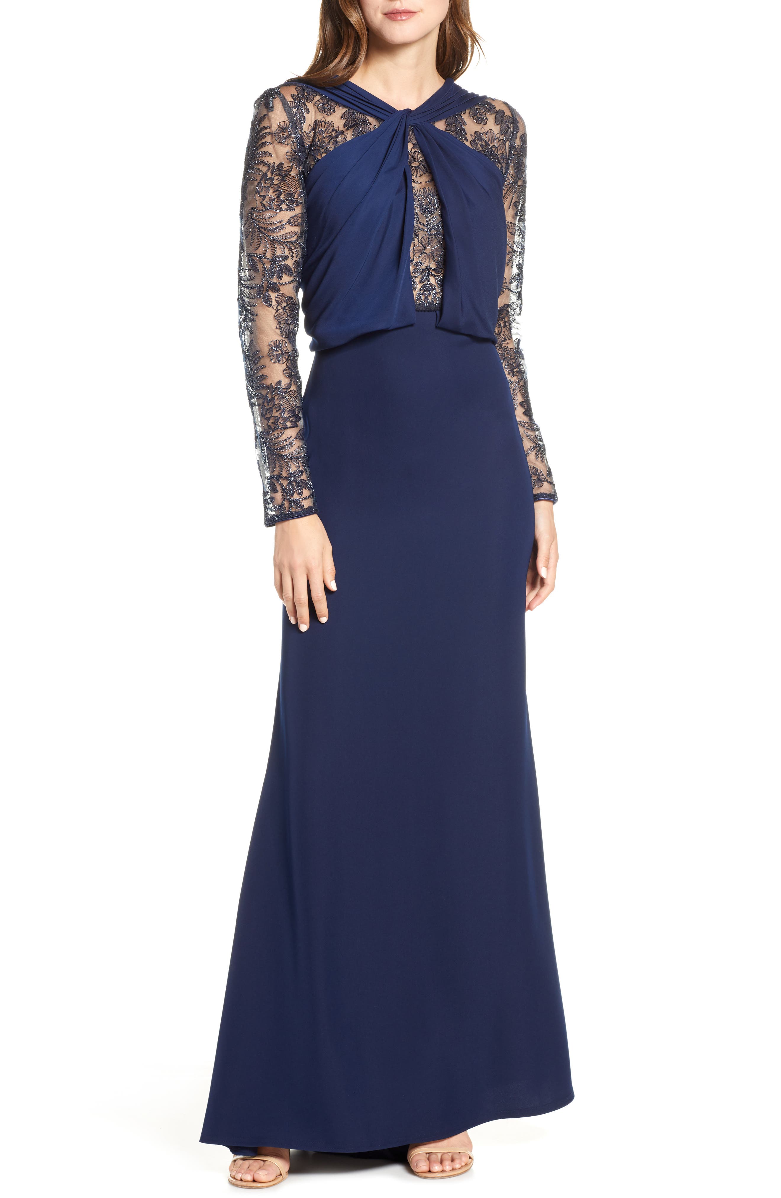 Tadashi Shoji Embroidered Mesh & Crepe Long Sleeve Gown, Blue