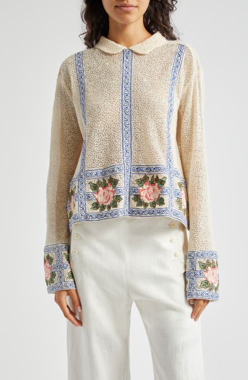Bode Bourbon Rose Embroidered Semisheer Cotton Top In Yellow Multi