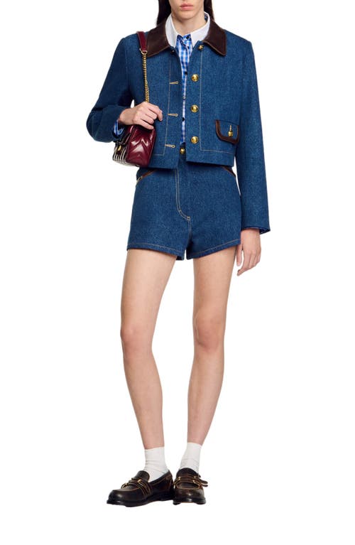 Shop Sandro Denim Jacket With Leather Collar In Blue